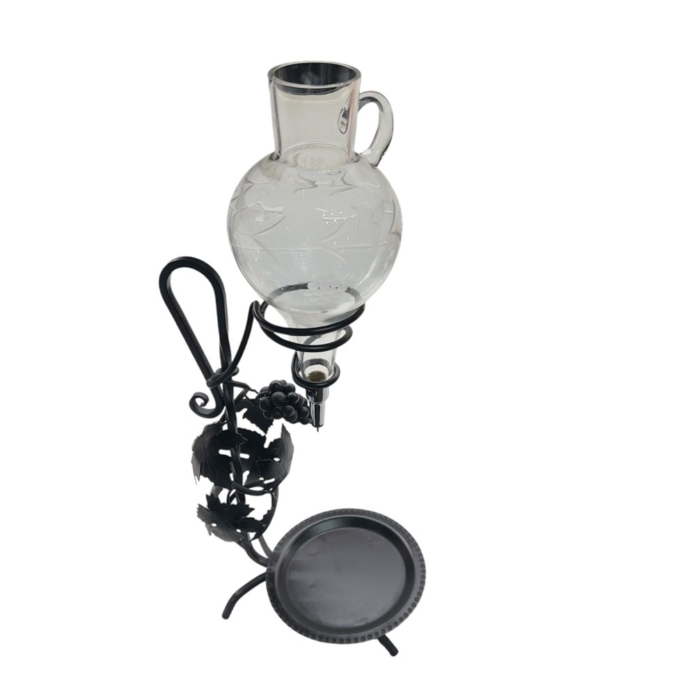 1960's Vintage European Wine Aerator/Decanter with Wrought Iron Metal Holder
